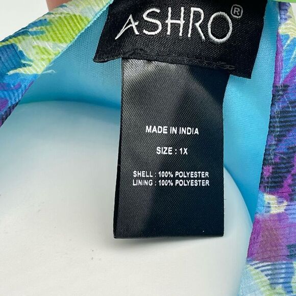 Ashro Lavita Blue Floral V-Neck Dress 1X 16/18 Smocked Waist Short Sleeve - Picture 13 of 16